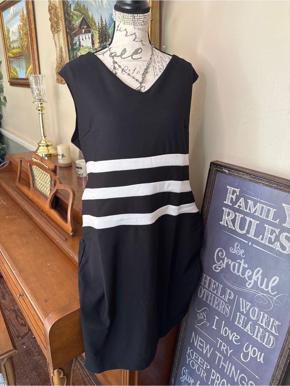 Black V-Neck Sleeveless Dress with White Stripe Waist NWT 50.00 - Picture 2 of 4